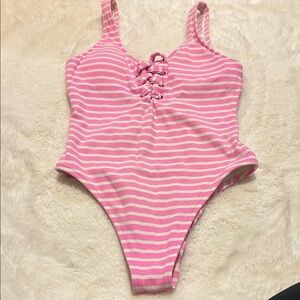 Aerie Pink and White Striped One Piece Swimsuit
